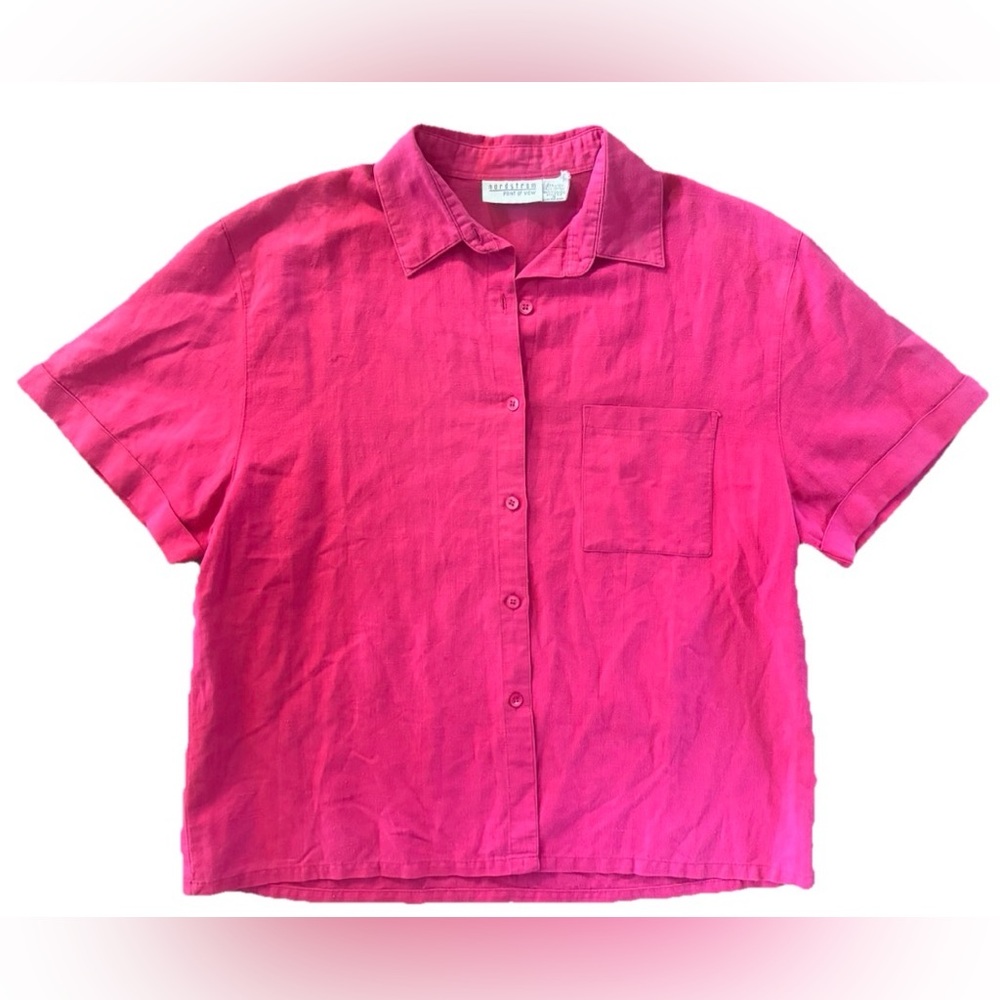 Vintage Nordstrom Hot Pink Button Up Cotton/Linen Blend, M/L, Casual Summer Top
